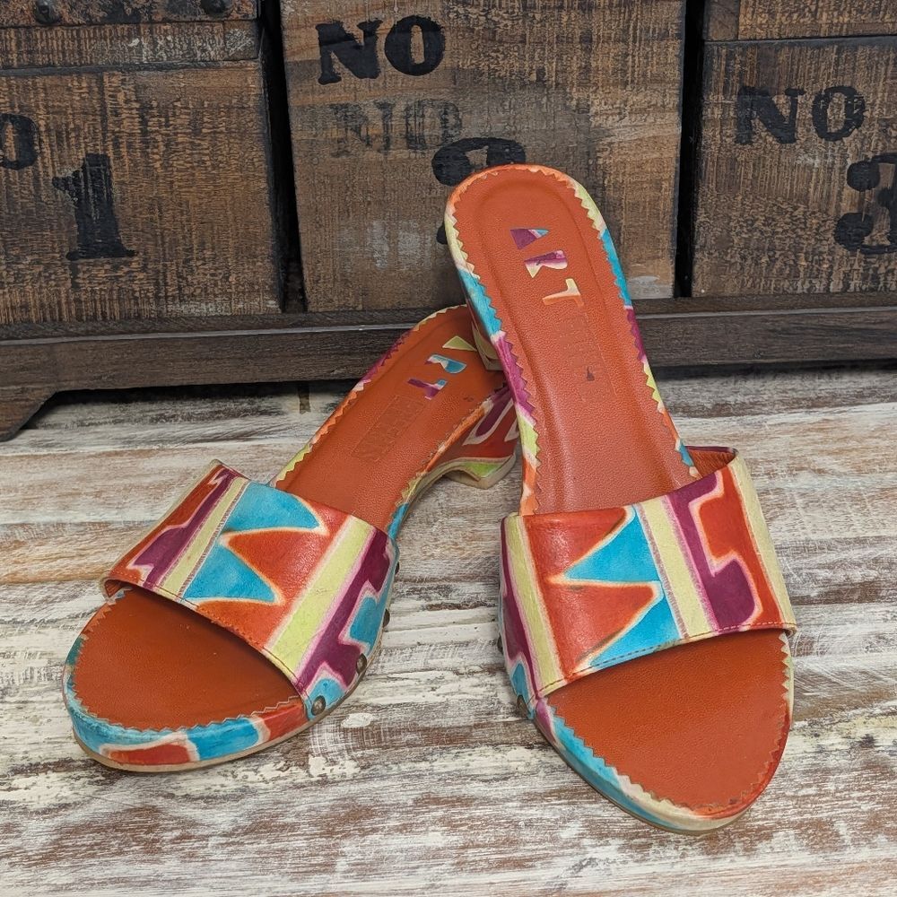 Art Effects Hand-Painted Leather Slide Sandals Multicolor Geometric Women’s 7
